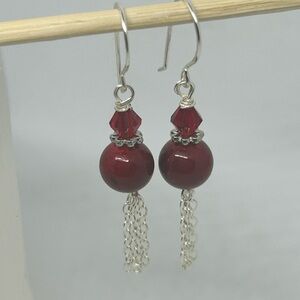 Red Silver Dangle Earrings handmade garnet Czech bead stacked flower spacer